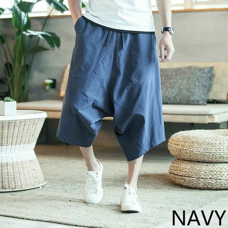Herren Leinen Baumwollhose Haremshose tiefer Schritt Baggy Freizeit Locker