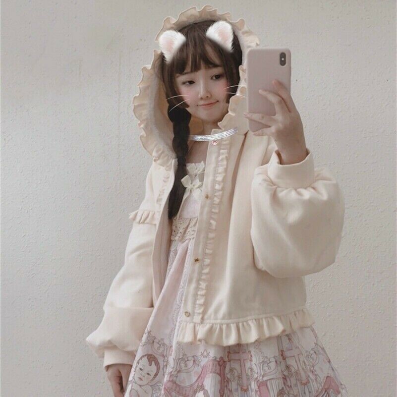 Mädchen Fleecefutter Mantel Jacke Lolita Rüsche Kapuze Oberbekleidung Süß Sweet