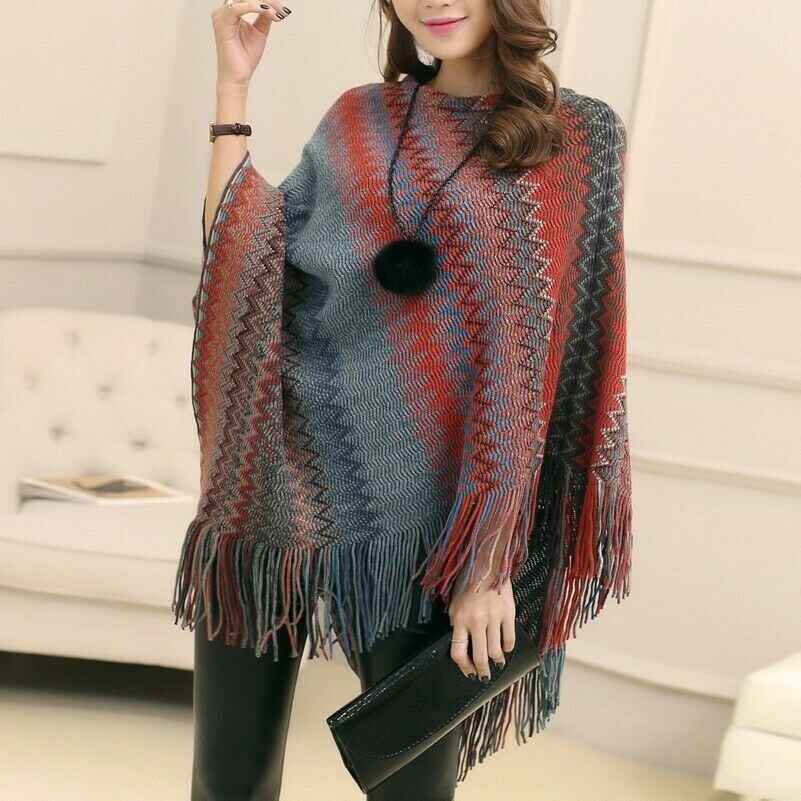 Donna Maglia Poncho Mantellina Scialle a Pipistrello Frangia Maglione