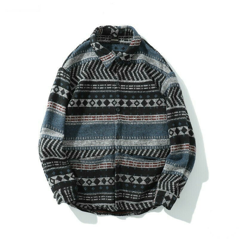 Men Brushed Coat Shirt Tops Striped Check Casual Winter Lumberjack Ethnic