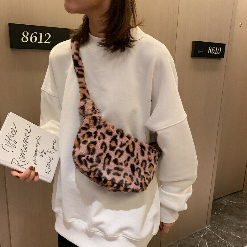 Dame, Mädchen Schulter Umhängetasche Kunstpelz Handtasche Flauschig Fell Leopard