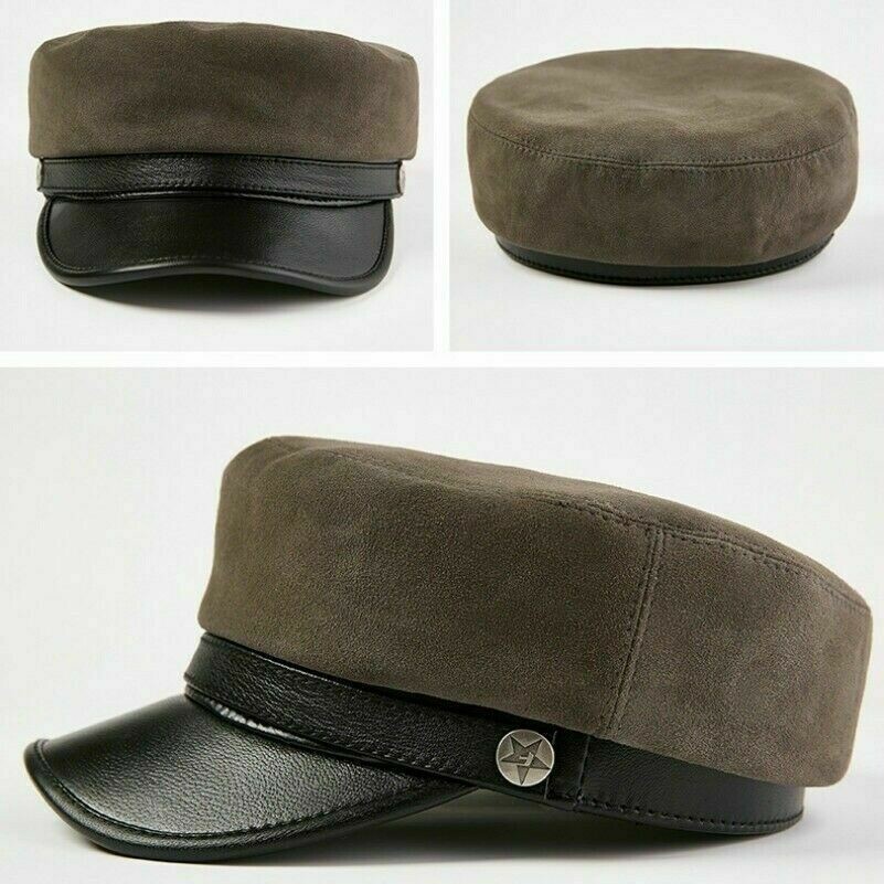 Herren Damen Schafsfell Leder Militär Kappe Hut Mariner Breton Geiger Matrose