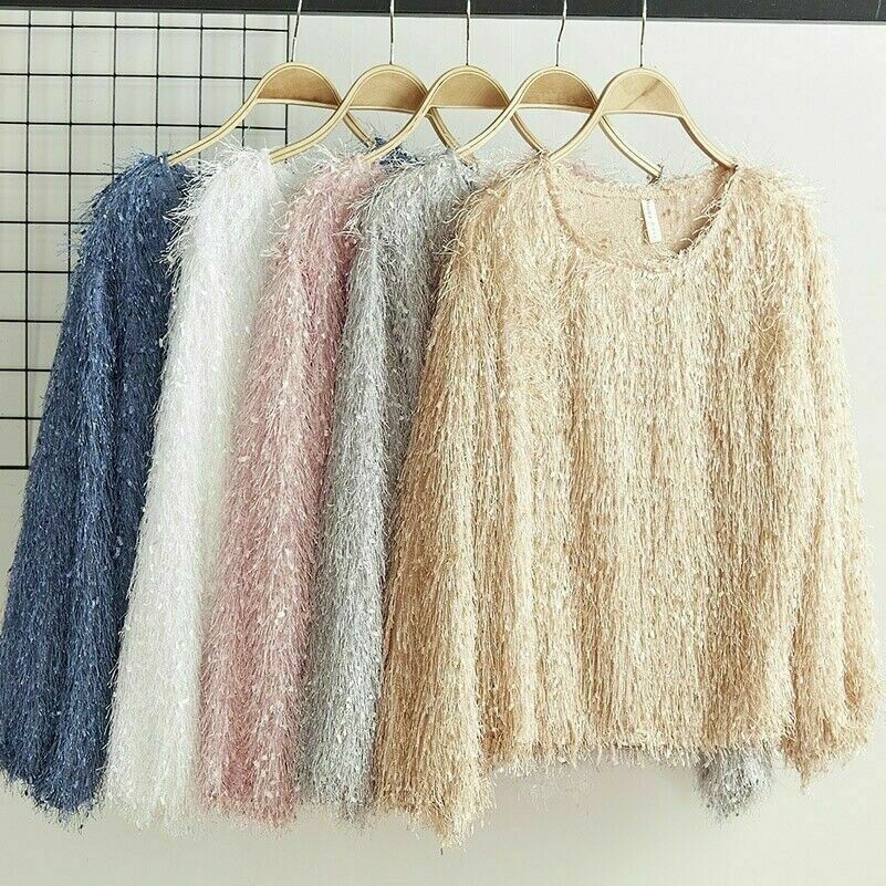 Damen Flauschig Quasten Pullover T-Shirt Rundhalsausschnitt Puffärmel Locker Top