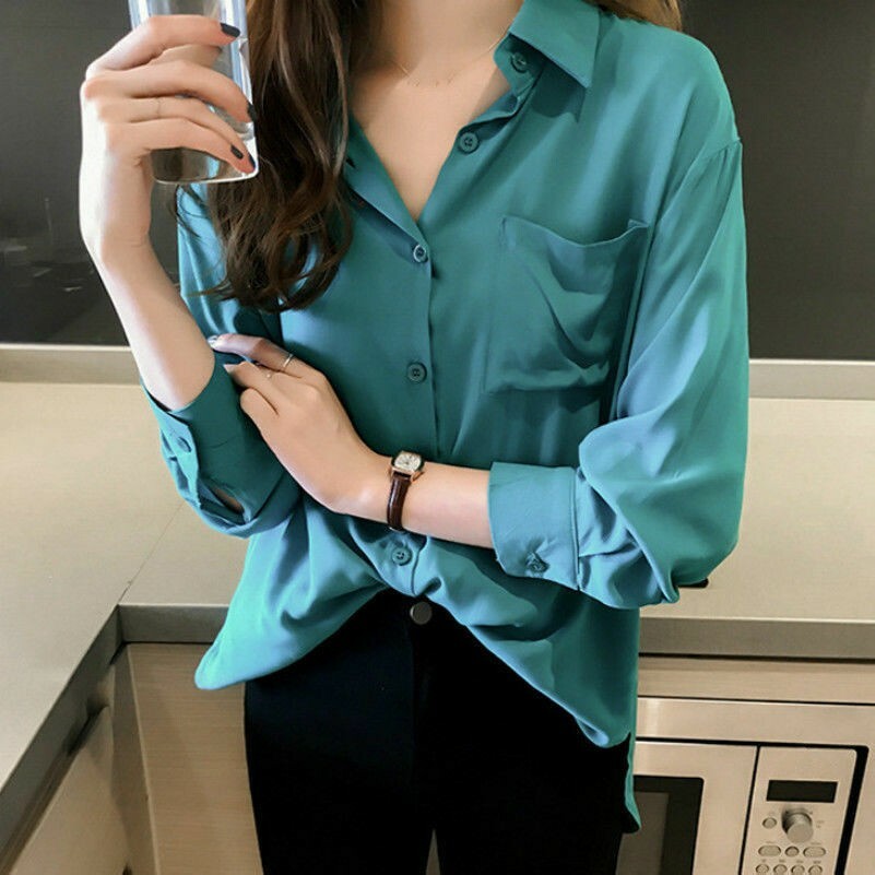 Camicia Donna Harajuku OL Bianco Con Bottone A Cabo Manica Lunga Blusa Unita