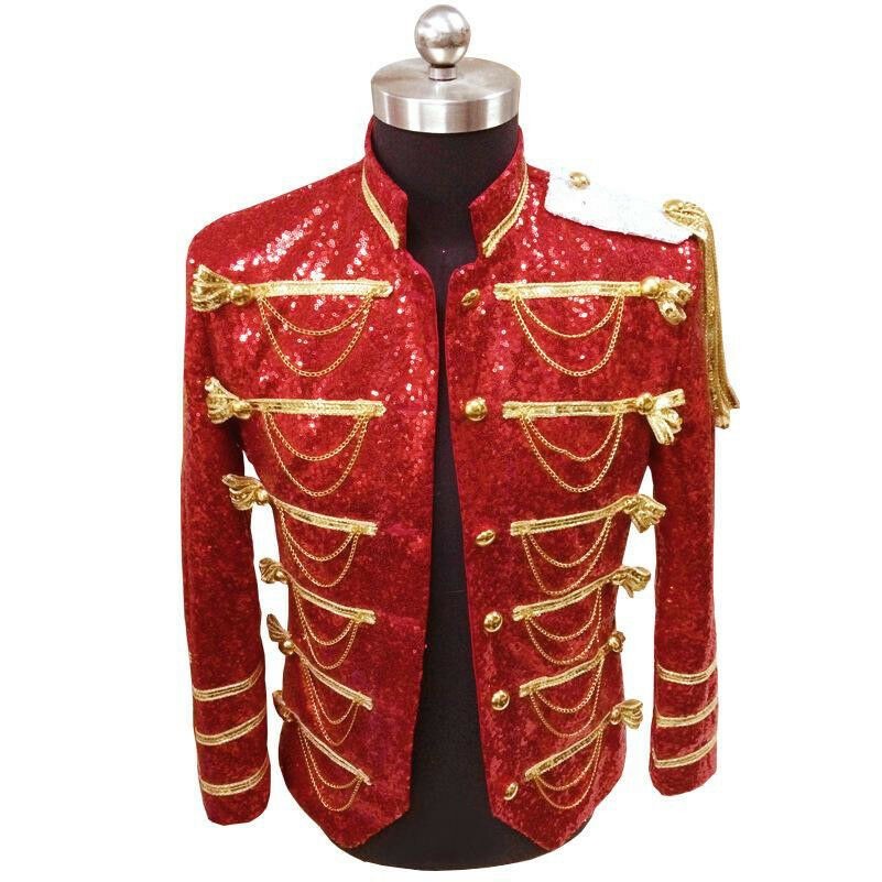 Mens Glitter Sequin Hussar Jacket Artillery Military Drummer Steampunk Top Suit