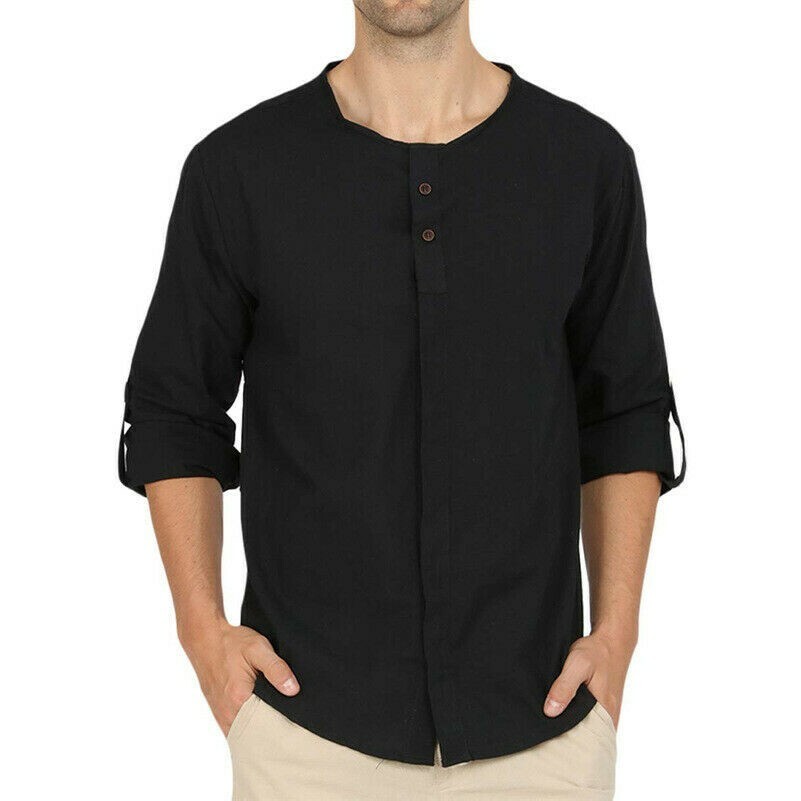 Herren Baumwolle Leinen Hemd Langärmelig Freizeittop Strand Knopf T-Shirt Sommer