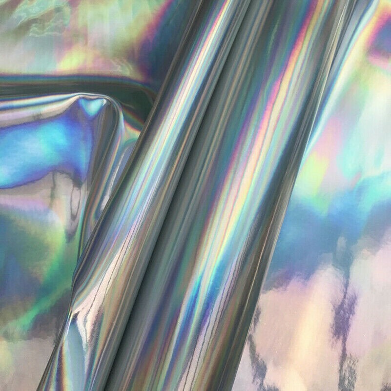 Tessuto Metallico In PU Pelle Sintetica Lucido Argento Iridescente Ologramma