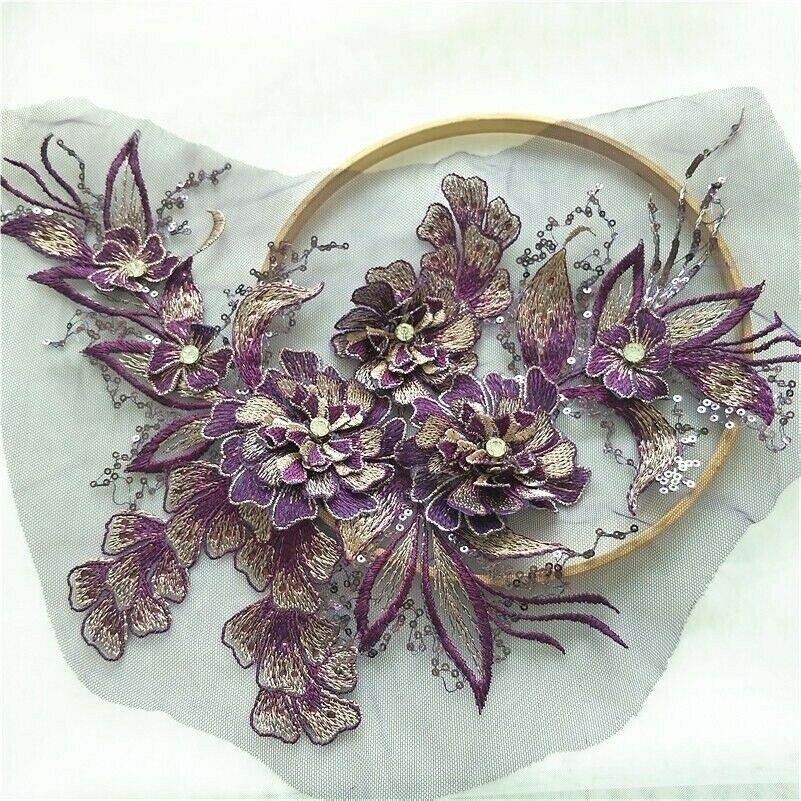 Embroidery Lace Applique 3D Sequin Patch DIY Wedding Dress Sewing Trimming