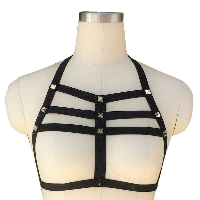 Goth Stud Elastic Body Harness Chain Belt Cage Bra Cupless Bandage Lingerie Punk