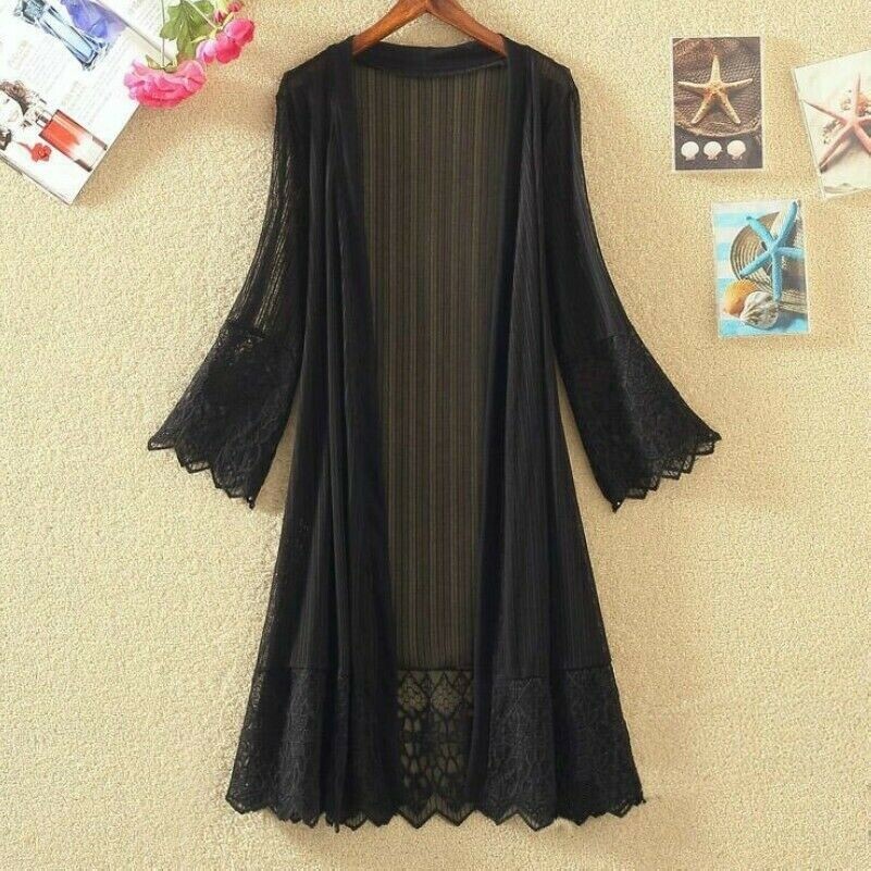 Women Lace Mesh Cardigan Top See Through Long Jacket Summer Outerwear Casual
