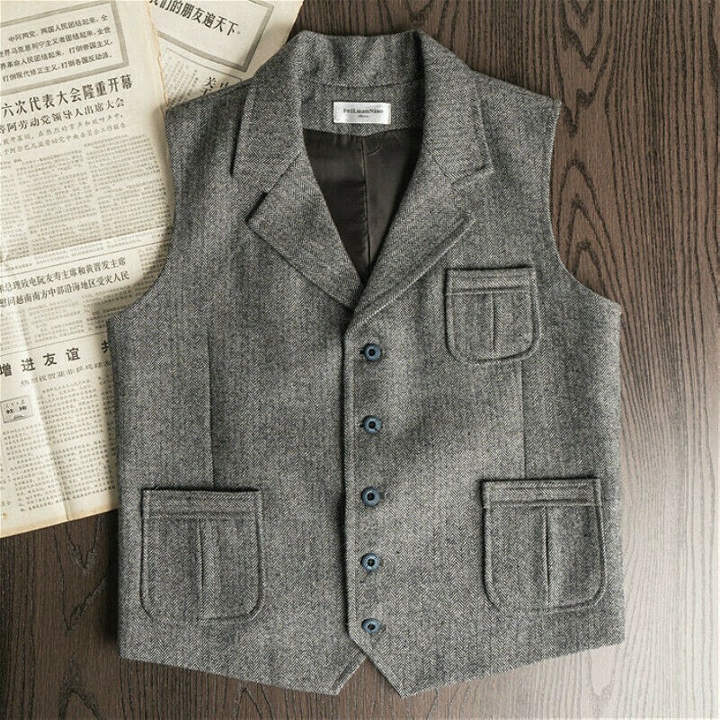 Men Tweed Waistcoat Retro Herringbone Vest Wool Blend Lapel Gilet Suit Top