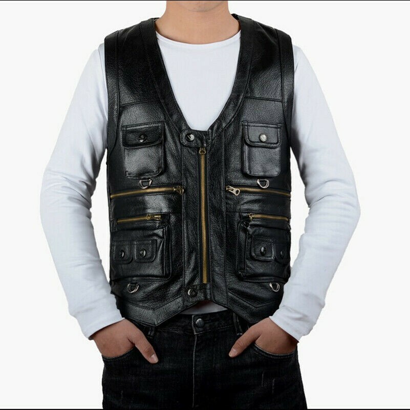 Mens Genuine Leather Waistcoat Hunter Fishing Vest Sleeveless Jacket Gilet