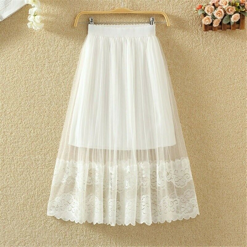 Femme Maille Tutu Jupe Floral Dentelle A-Line Tulle Élastique Uni Été