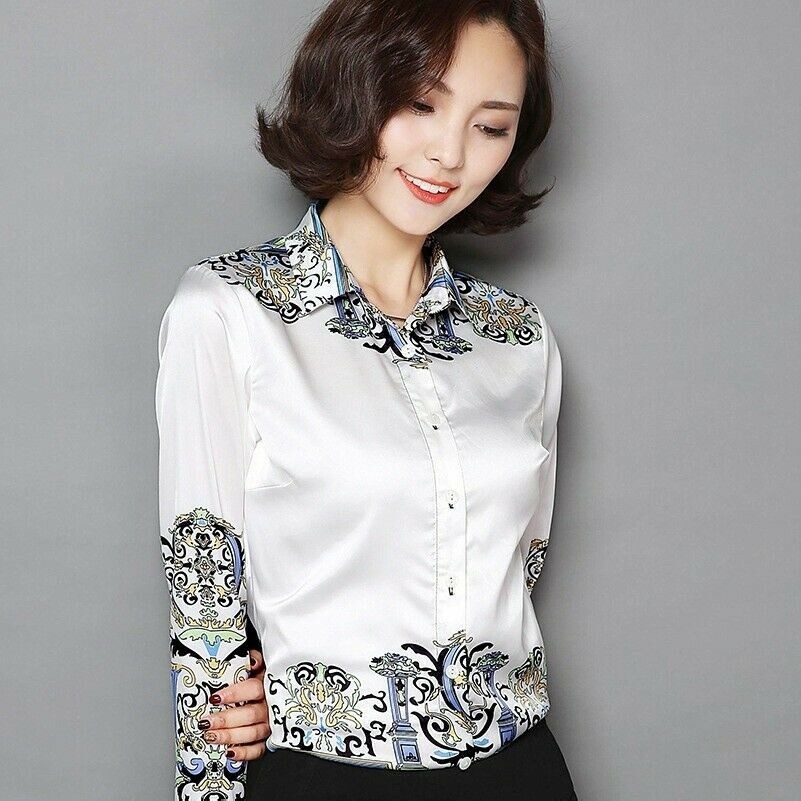 Camicia Elegante In Seta Imitazione Florale A Maniche Lunghe In Raso Nuova