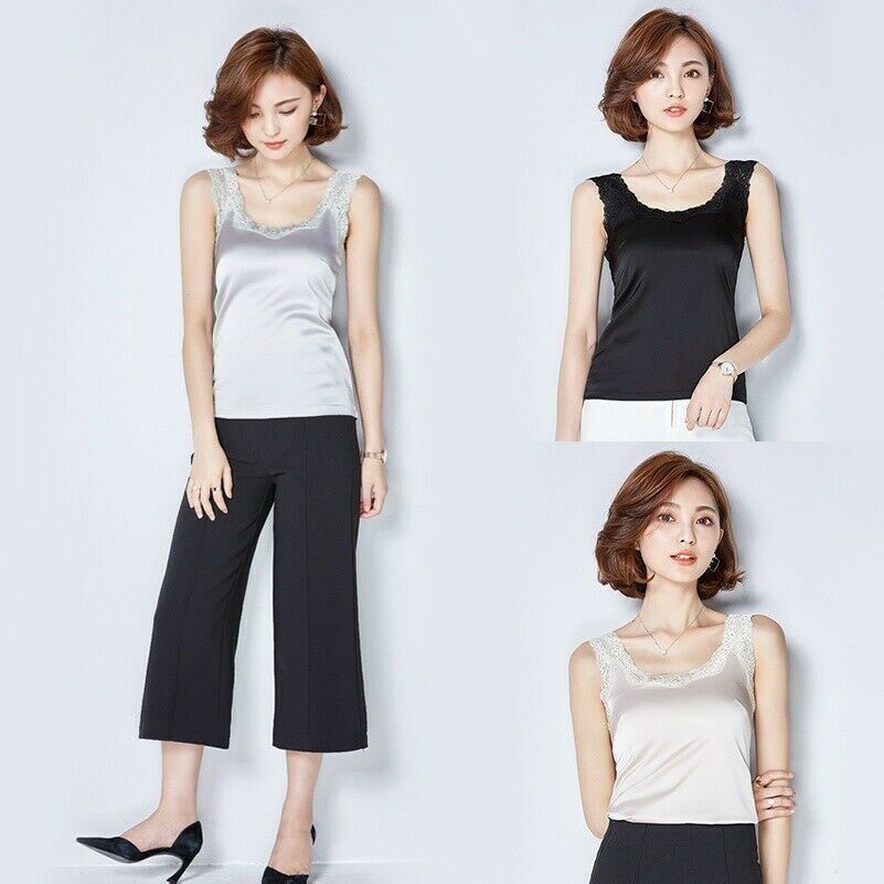Lady Silk Like Lace Trim Vest Strappy Cami Tank Top T Shirt Camisole Tee Black