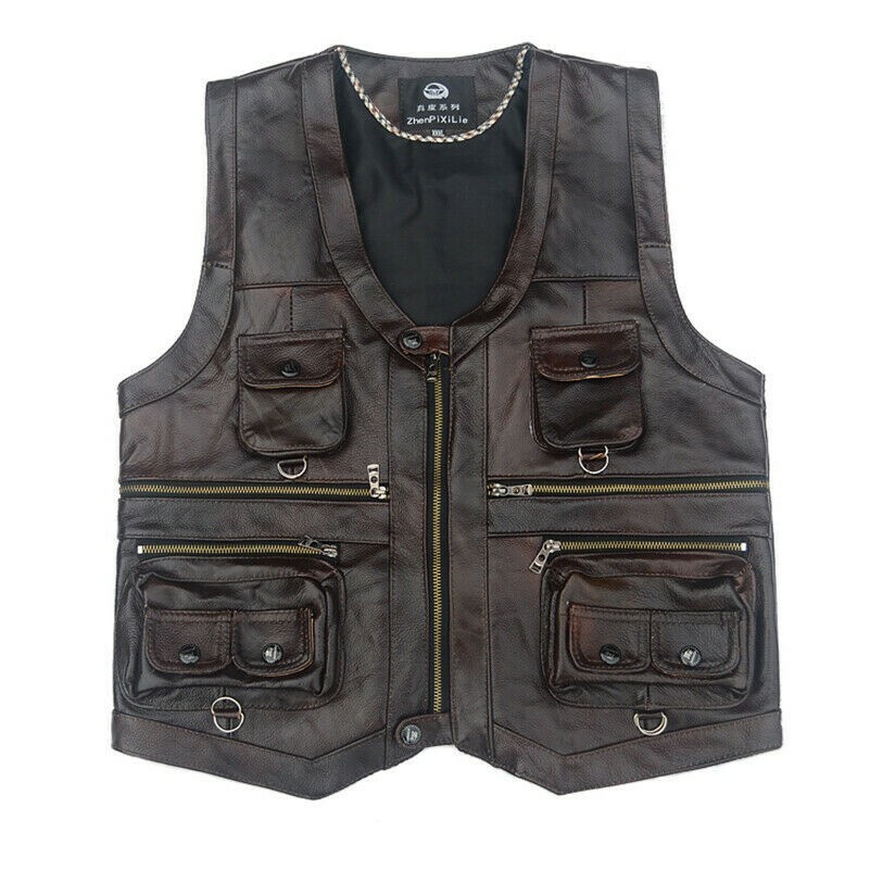 Mens Genuine Leather Waistcoat Hunter Fishing Vest Sleeveless Jacket Gilet