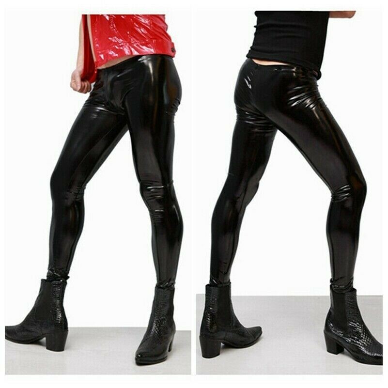 Hommes Latex Caoutchouc Legging Extensible Look Mouillé Skinny Pantalon Stage