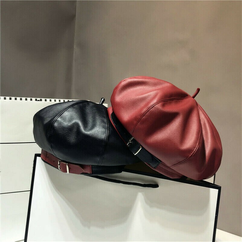 Femme Béret Simili Cuir Pu Casquette Bonnet Vintage Militaire Soldat Mode Neuve