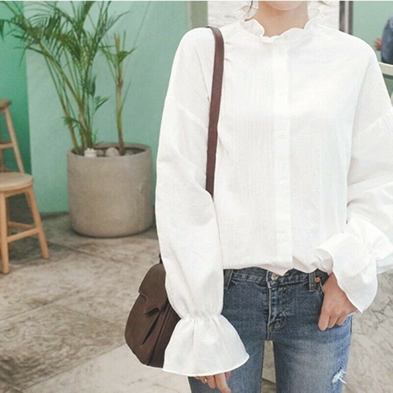 ladies-ruffle-collar-shirt-blouse-casual-pleated-lantern-sleeve-lolita-victorian