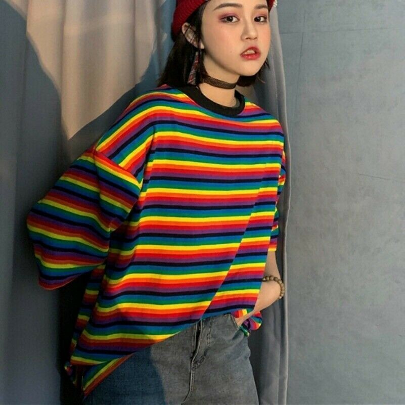 Femme Rayure Arc-En-Ciel T-Shirt en Vrac Décontracté Haut Manches Courtes