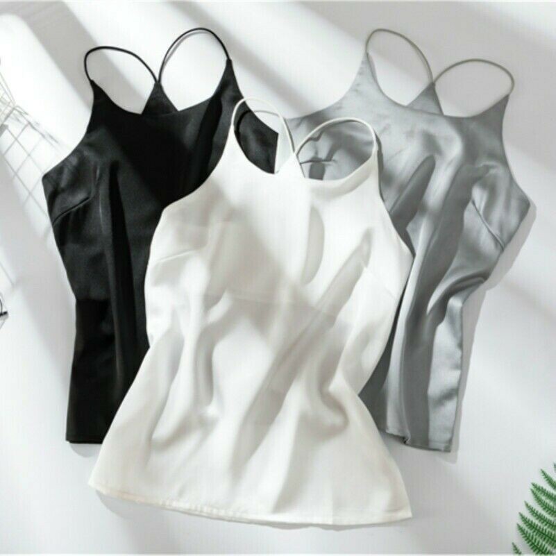 Damen Satin Weste Kunstseide Tank Top Spaghetti Träger Unterhemd Slipper Bluse