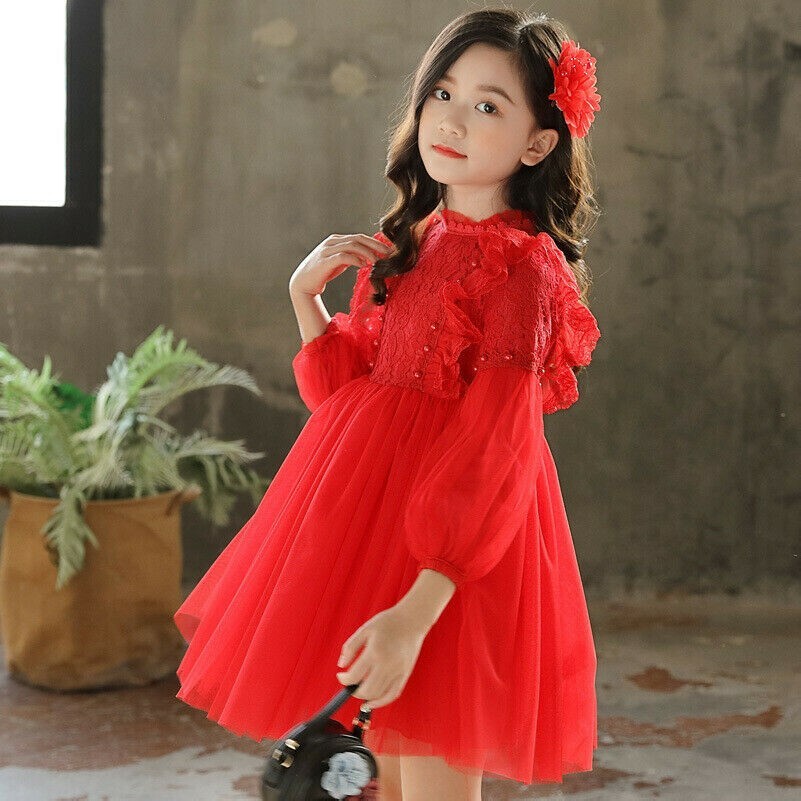 Kinder Mädchen Spitzenkleid Perlen Blumenmuster Rüschen Netz Plissiert Puffärmel