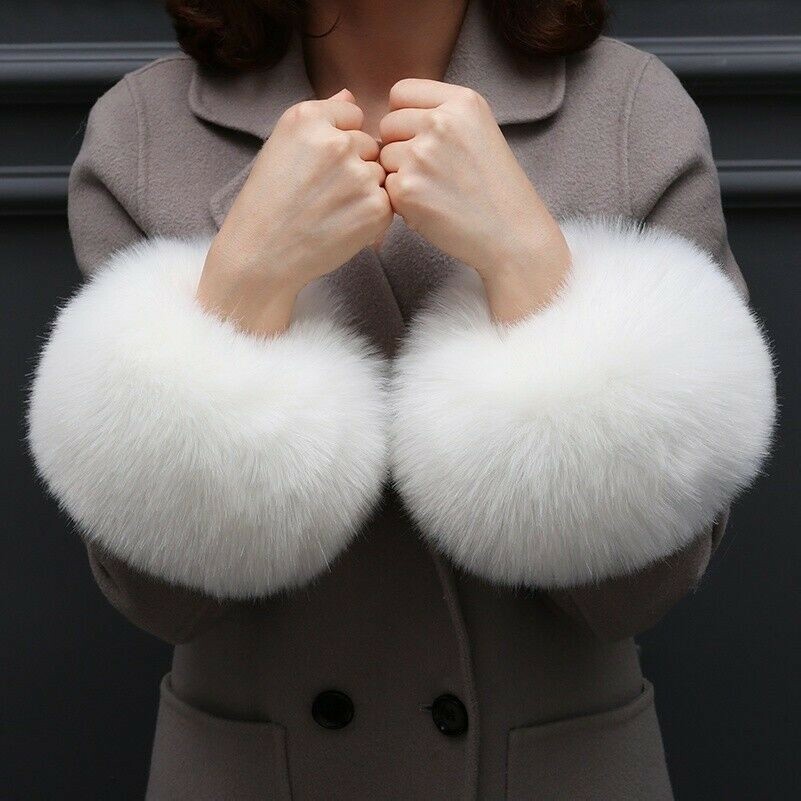 1 Pair Faux Fox Fur Cuffs Lady Overcoat Fluffy Wristbands Wrist Hands Warmer Red
