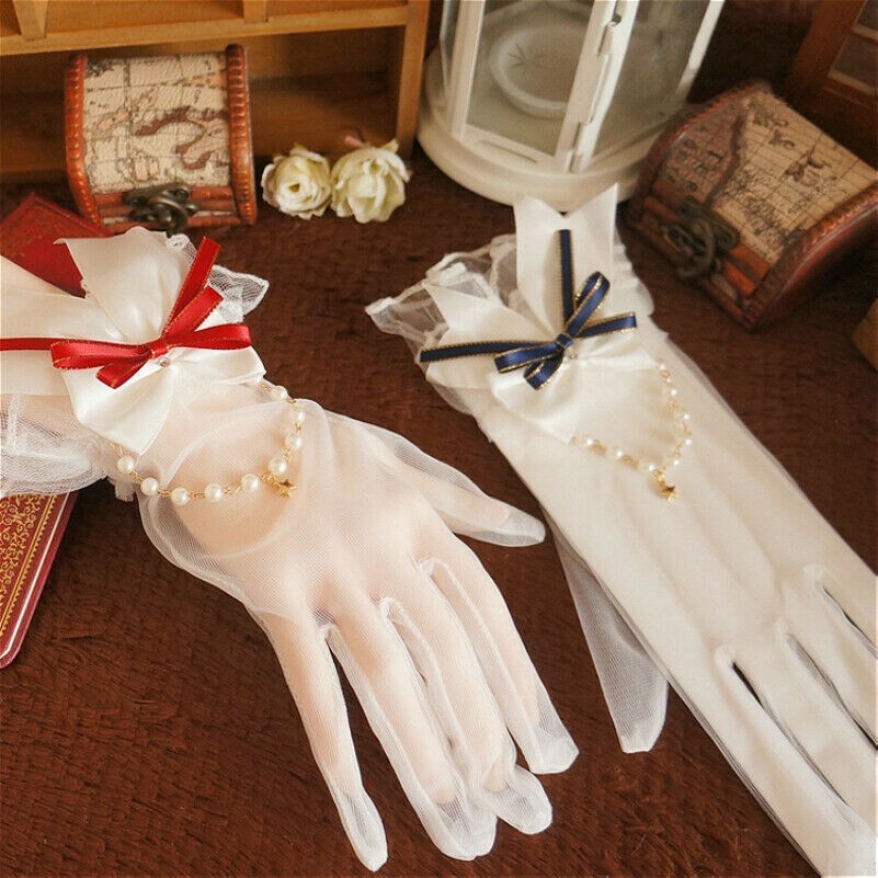 Women Girl Lolita Gloves Mesh Sheer Bow Wedding Faux Pearl Cosplay Victorian