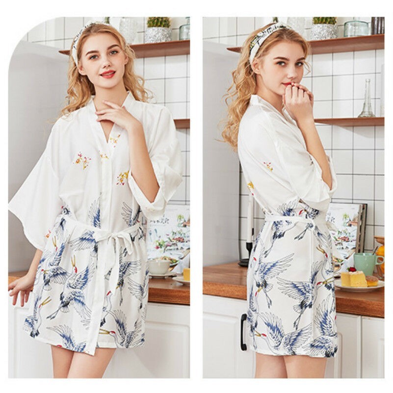 Japanese Faux Silk Kimono Yukata Bride Bridesmaid Robe Bathrobe Nighty Sleepwear