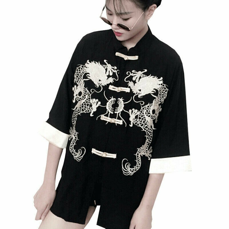 Femmes Chinois Haut Manches Courtes Hanfu Tang Robe or Dragon Grenouille Manteau