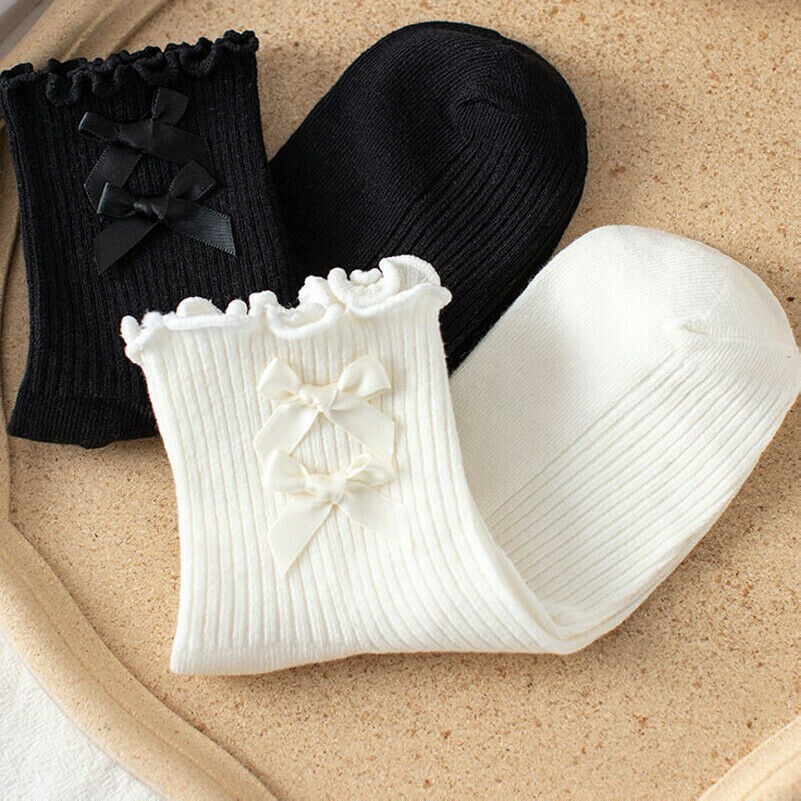 3 Paar Lolita Socken Damen Mädchen Baumwolle Rüschen Schleifenknopf Strümpfe Süß