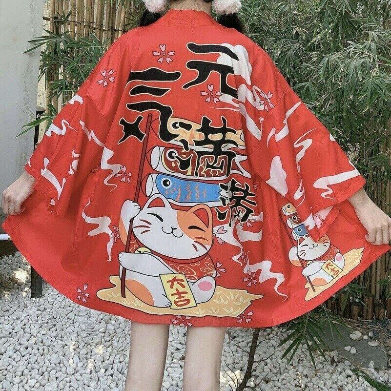 Giacca Kimono Giapponese Donna Cardigan Blusa Lucky Cat Yukata