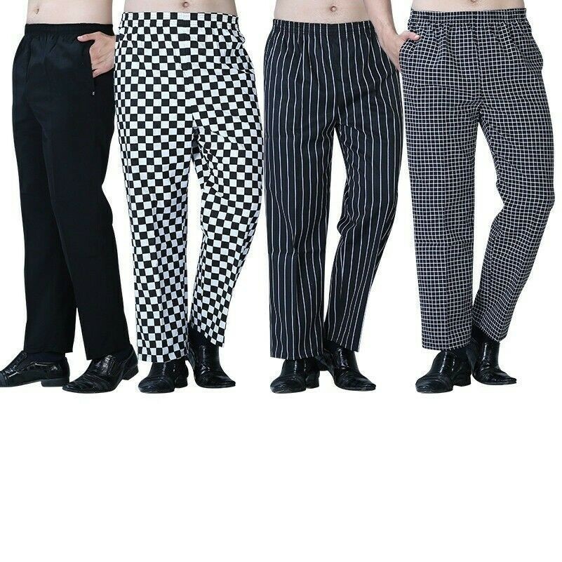 Chef Trousers Pants Check Stripe Elastic Uniform Unisex Pocket Kitchen Catering