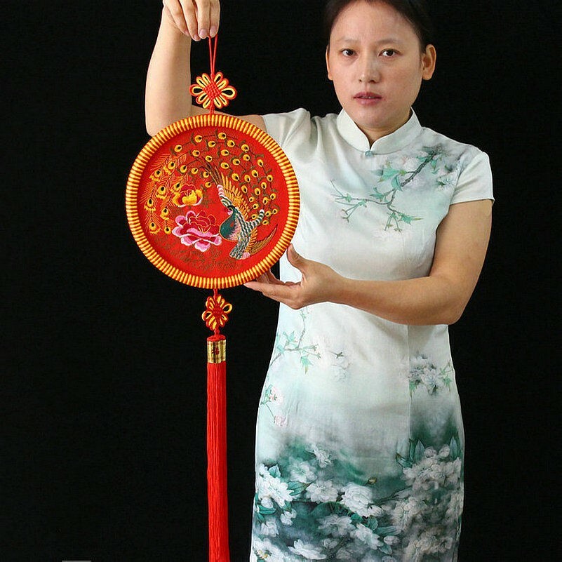 Chinesisch Wandbehänge Anhänger Stickerei Pfau Koi Wohndeko Handwerk Retro Gift