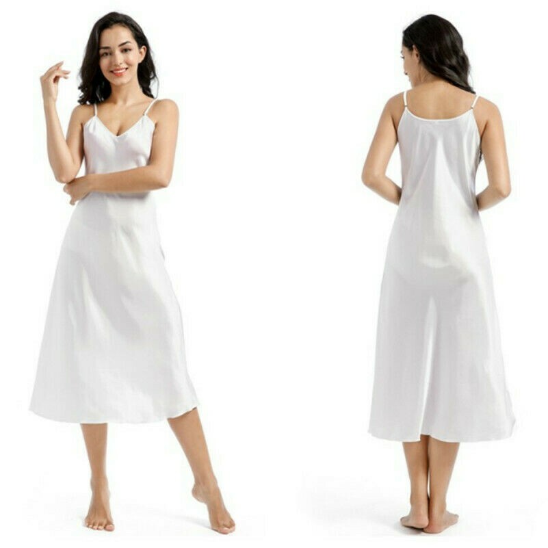Damen Kunstseide Satin Unterkleid Kleid Midi V Halsriemen Nachtwäsche Nachthemd