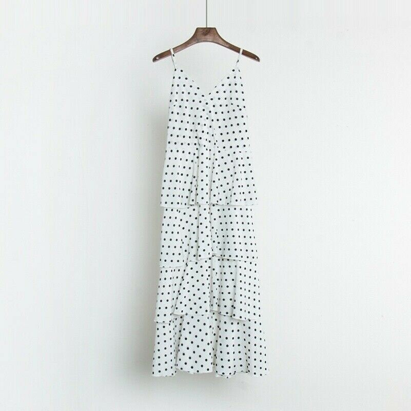 Women Slip Dress Polka Dots Spotted Tiered Ruffle Frilly Pleated Midi Yellow SHP