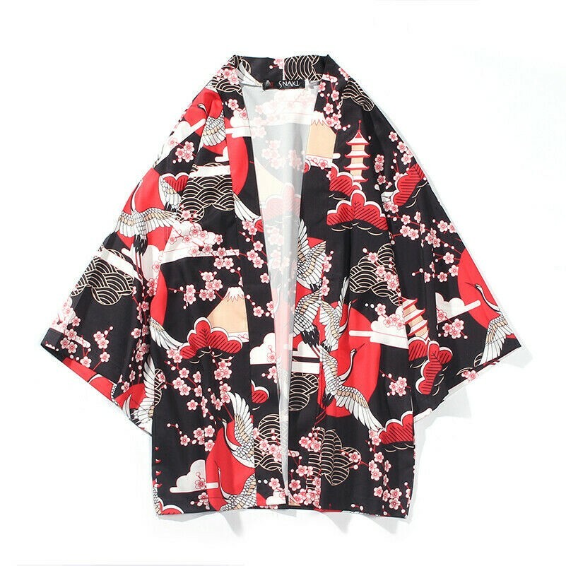 Unisex Japanese Cardigan Crane Print Jacket Coat Kimono Loose Sun Protection