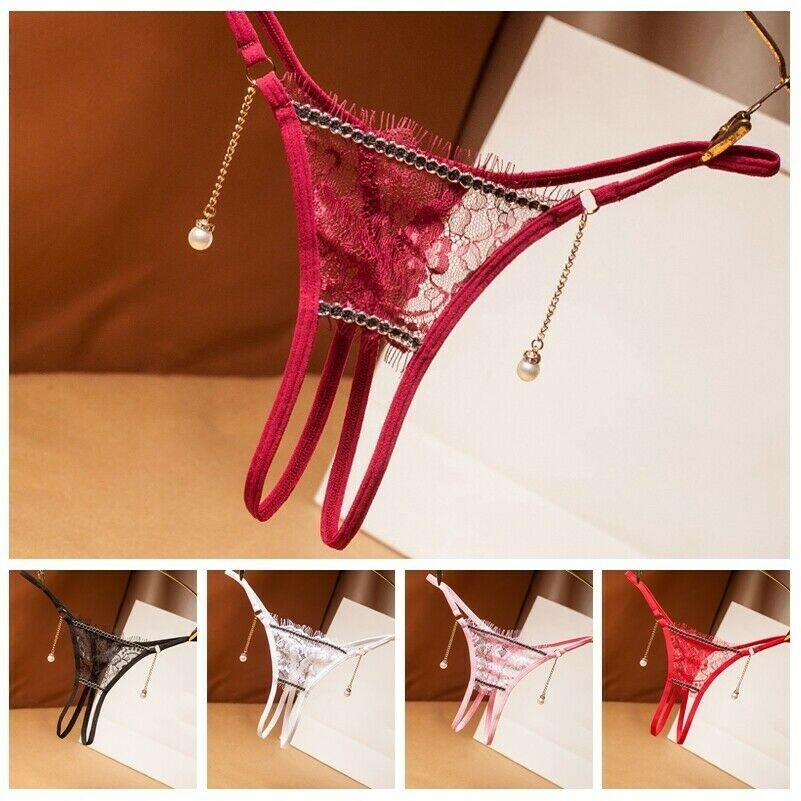 Lady Sexy Panties Briefs Thongs T-back Crotchless Lace Sheer Pearl Pendant Sleep