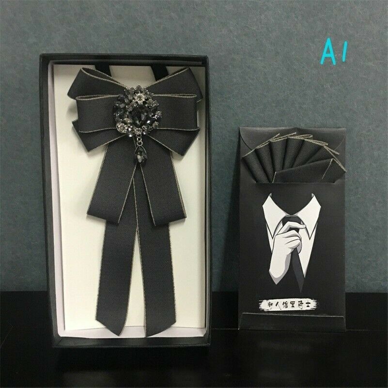 Men Crystal Satin Bowknot Bow Tie Formal Wedding Neckties Pocket Square Classic