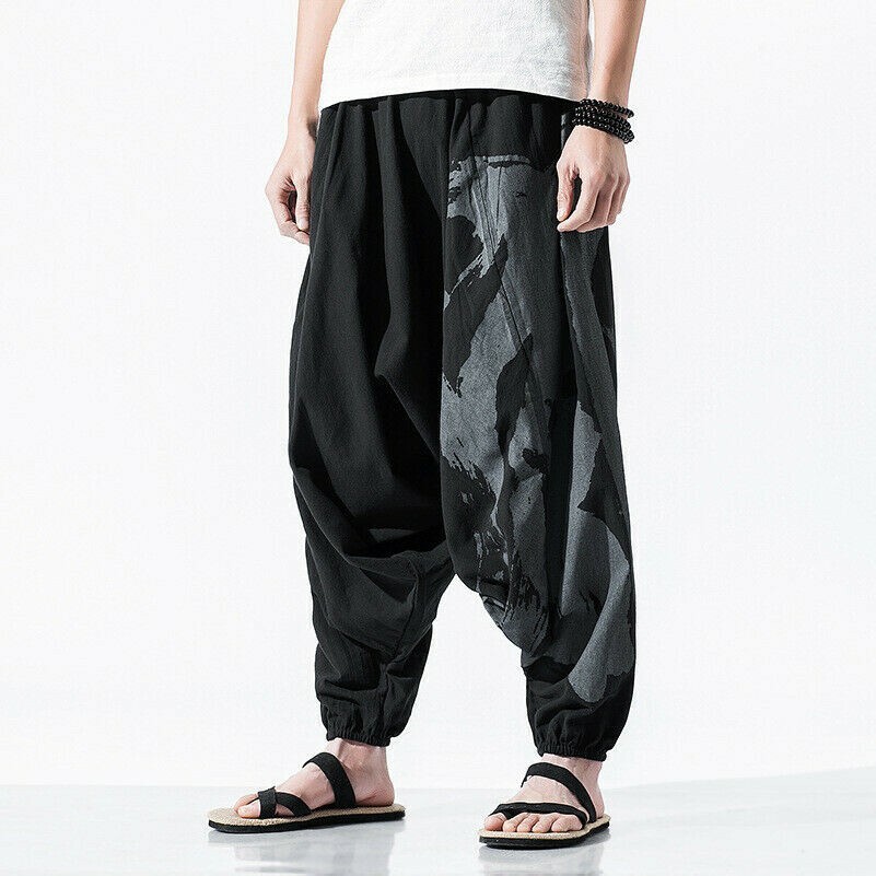 Herren Baumwolle Leinen Jogger Hose Yoga Baggy Chinesisch Casual Genie Hippie