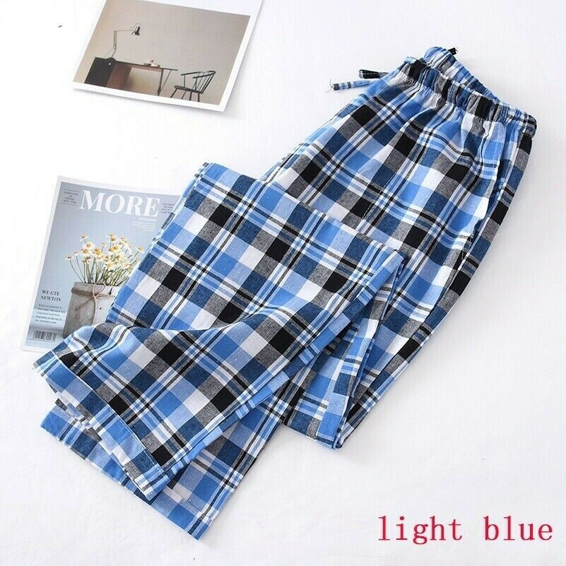 Men Sleep Bottoms Pajama Trousers Checks Pants Cotton Loose Casual Homewear