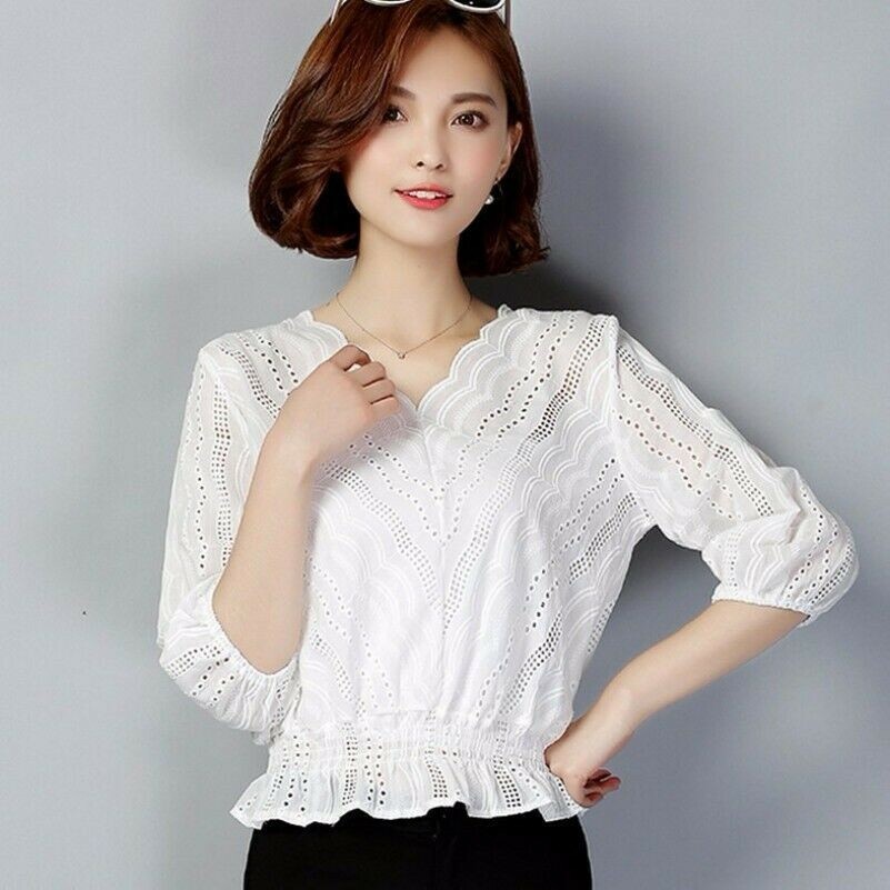 Women Hollow Out Lace Shirt Blouse Top V Neck 3/4 Sleeve Pleated Peplum Casual
