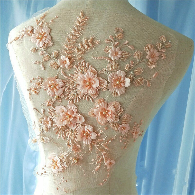 Embroidery Lace 3D Applique Beaded Fabric Patch Floral Wedding Dress Cloth DIY