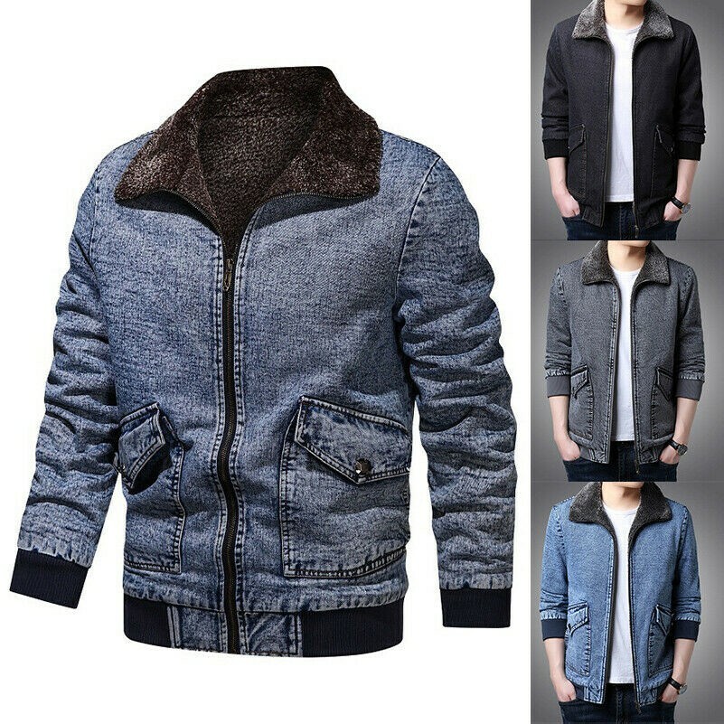 Mens Sherpa Fleece Denim Jacket Winter Warm Casual Jeans Blazer Top Zip Up Coat