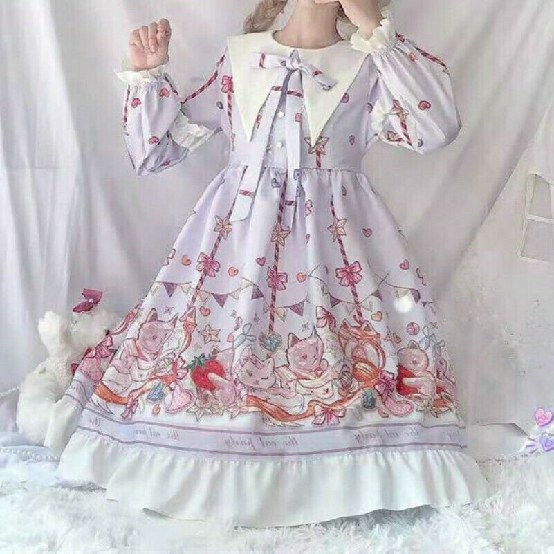 Ragazza Donna Principessa Lolita Vestito Volant a Balze Kawaii Gatto Carino