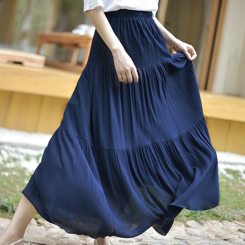 Femme Lin Coton Jupe Longue Long Ligne-A Plissé Ethnique Plage