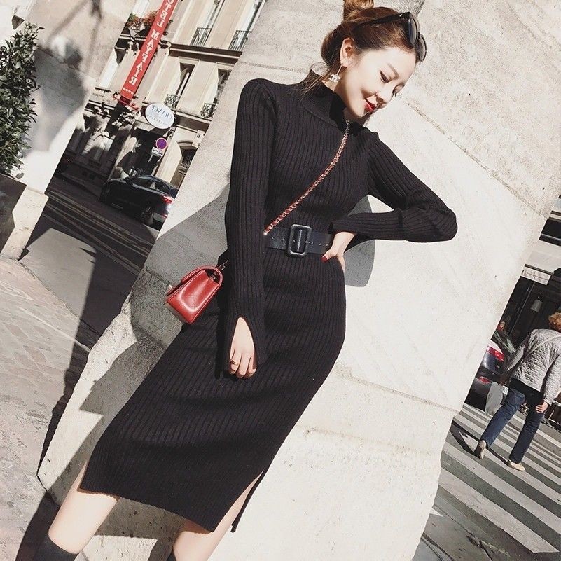 Ceinture pour Femmes Tricoté Dos Séparé Robe Manches Longues Col Roulé