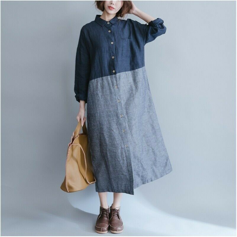 Women Cotton Linen Shirt Dress Laple Botton Long Sleeve Splice Casual Blouse