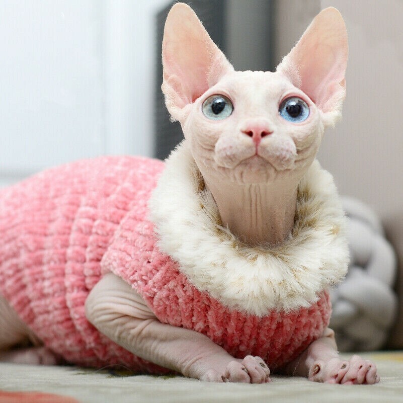 Sphynx Cat Sweater Jumper Waistcoat Clothes Faux Fur Pet Costume Winter Warm