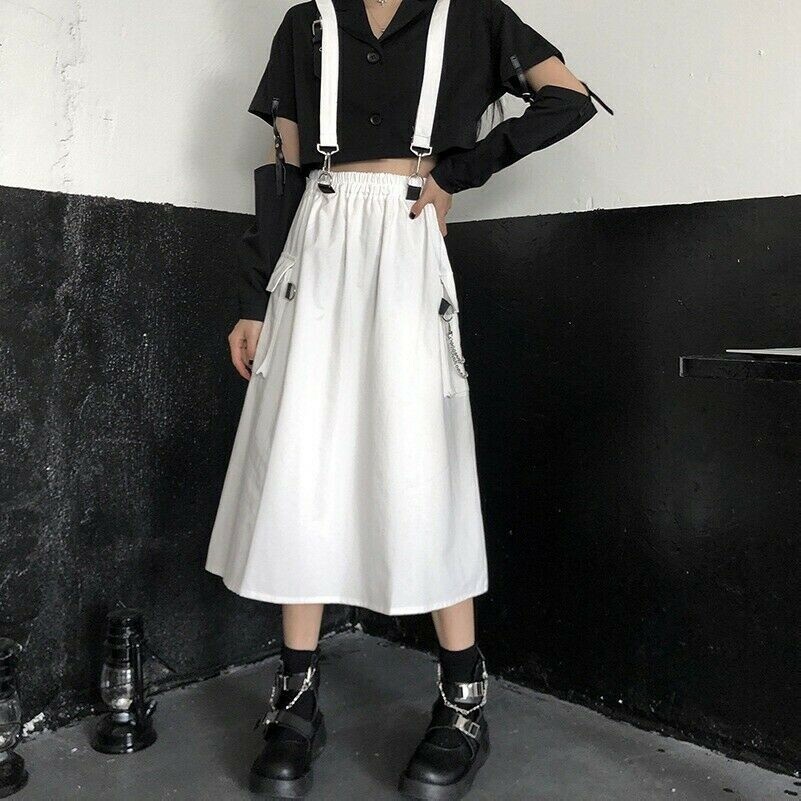 Women Cargo Skirt Midi Suspender Dress Strap Chain Gothic Punk Harajuku Chic